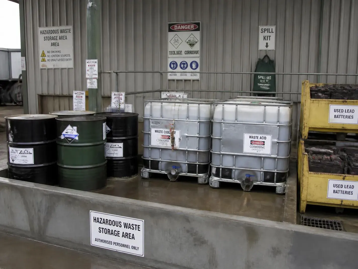 Hazardous waste stored in sealed drums in a covered storage area