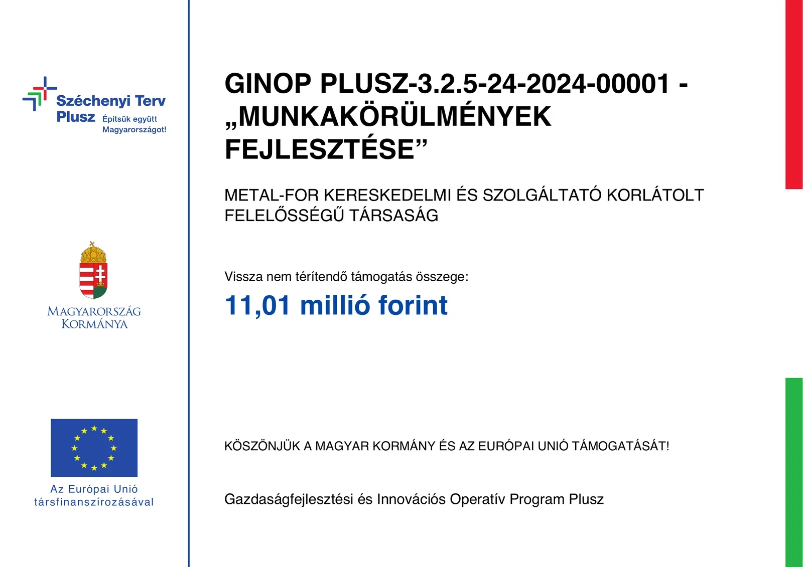 GINOP Plusz-3.2.5-24-2024-00001 projekt tájékoztató tábla